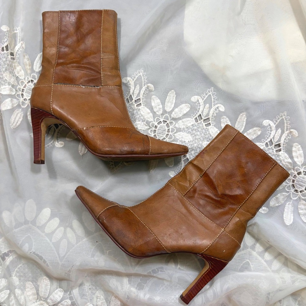 Y2K Boho Fall Pointed Toe Ankle Boots Cognac Brown Stiletto Heel Size 9.5